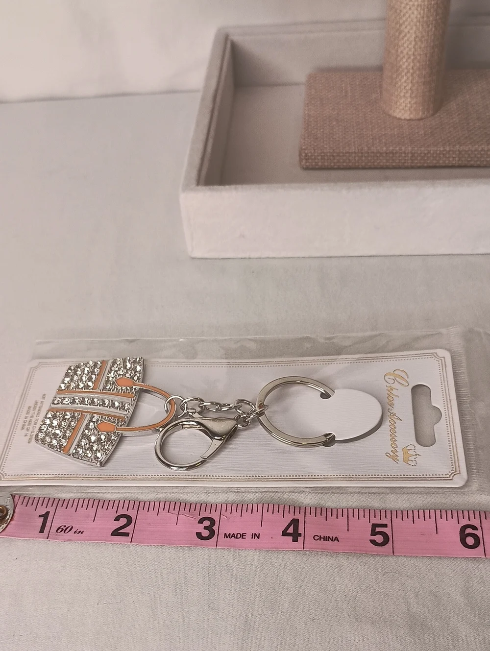 Women's Rhinestone Orange Handbag Purse Keychain | SILVER Tone Bag Charm